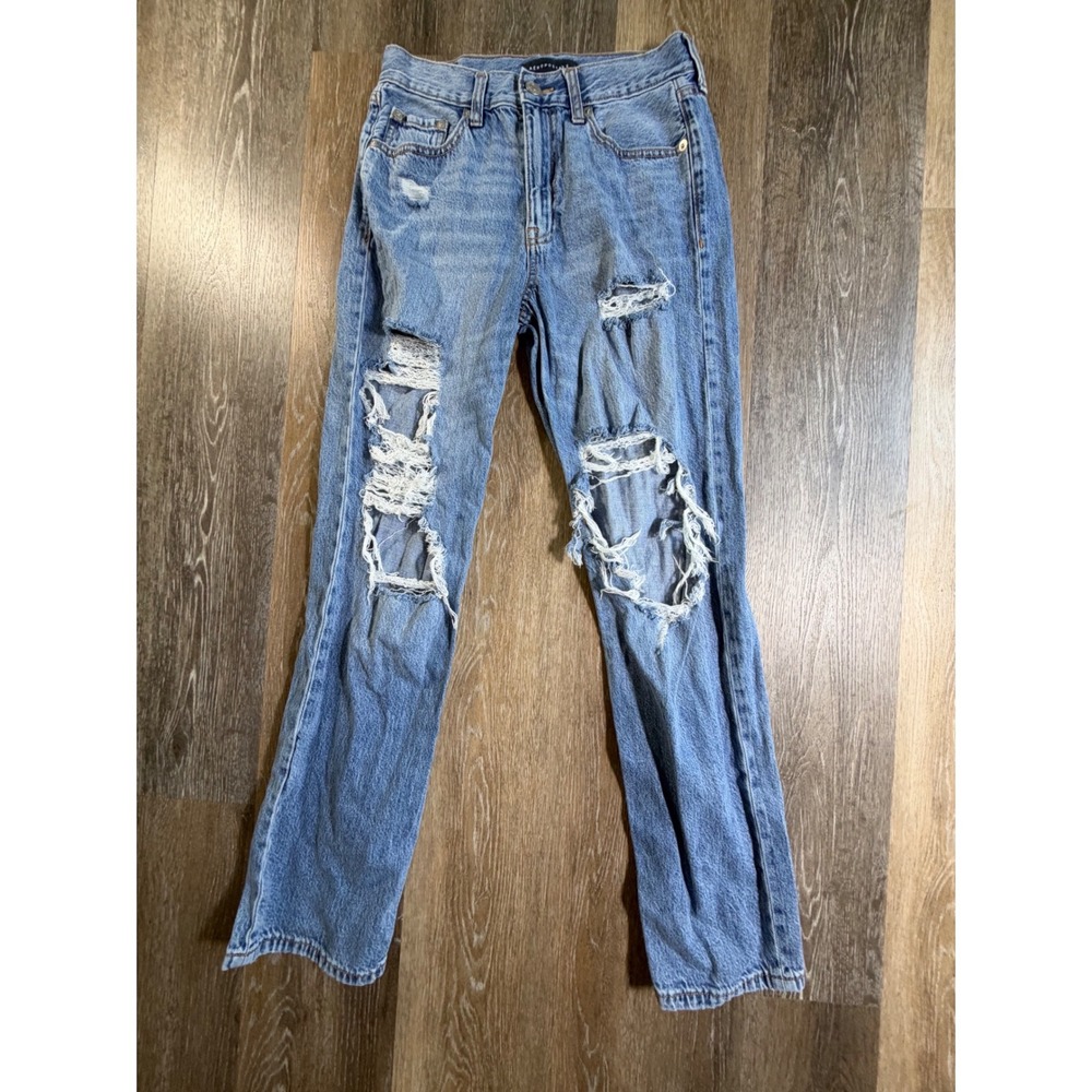 Aeropostale High Rise Baggy Jeans Womens 4 Regular Blue Distressed Ripped Denim